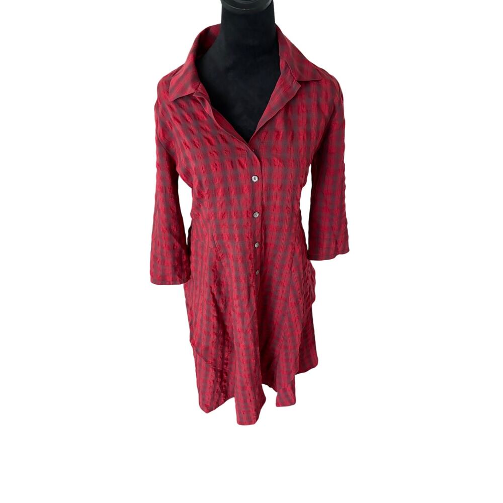 Diana Slavin Shirt Dress Red Check Designer SF 3/4 Sleeve Vintage